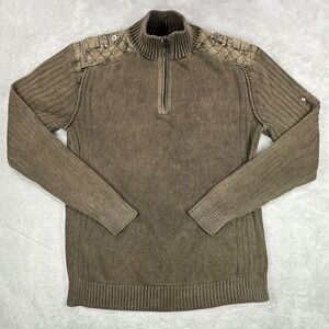 BKE Sweater Mens XL Olive Brown Quarter Zip Slim Fit Ribbed Quilted Shoulder